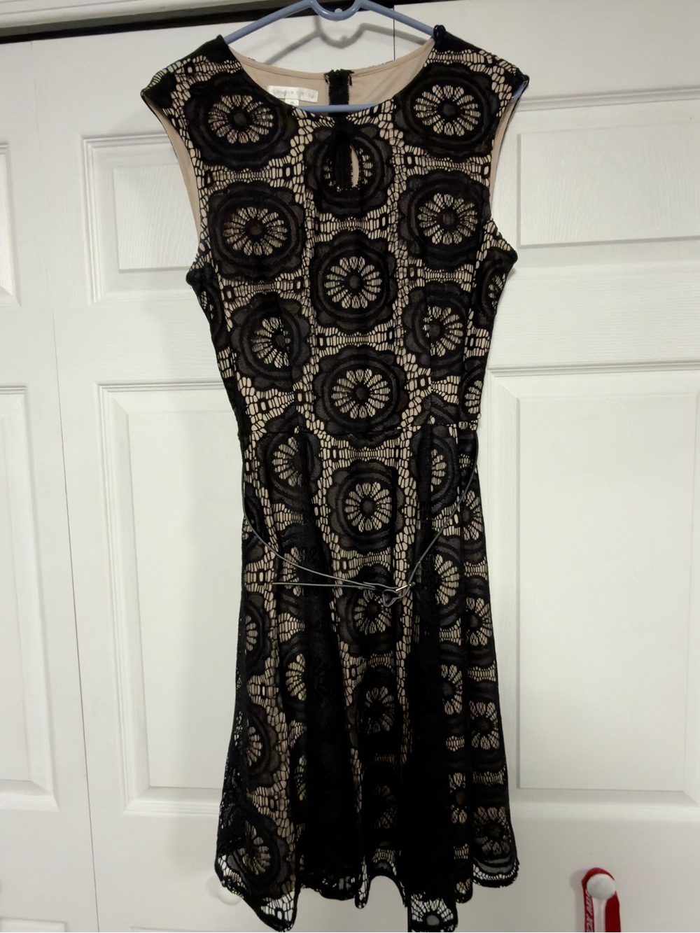 London Times Black Lace Midi Dress with Nude Lining